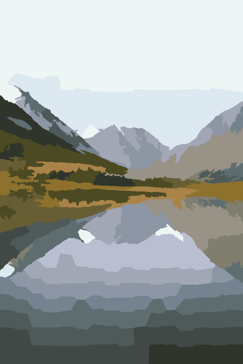 Paint-by-number render — Mountain landscape with lake reflection
